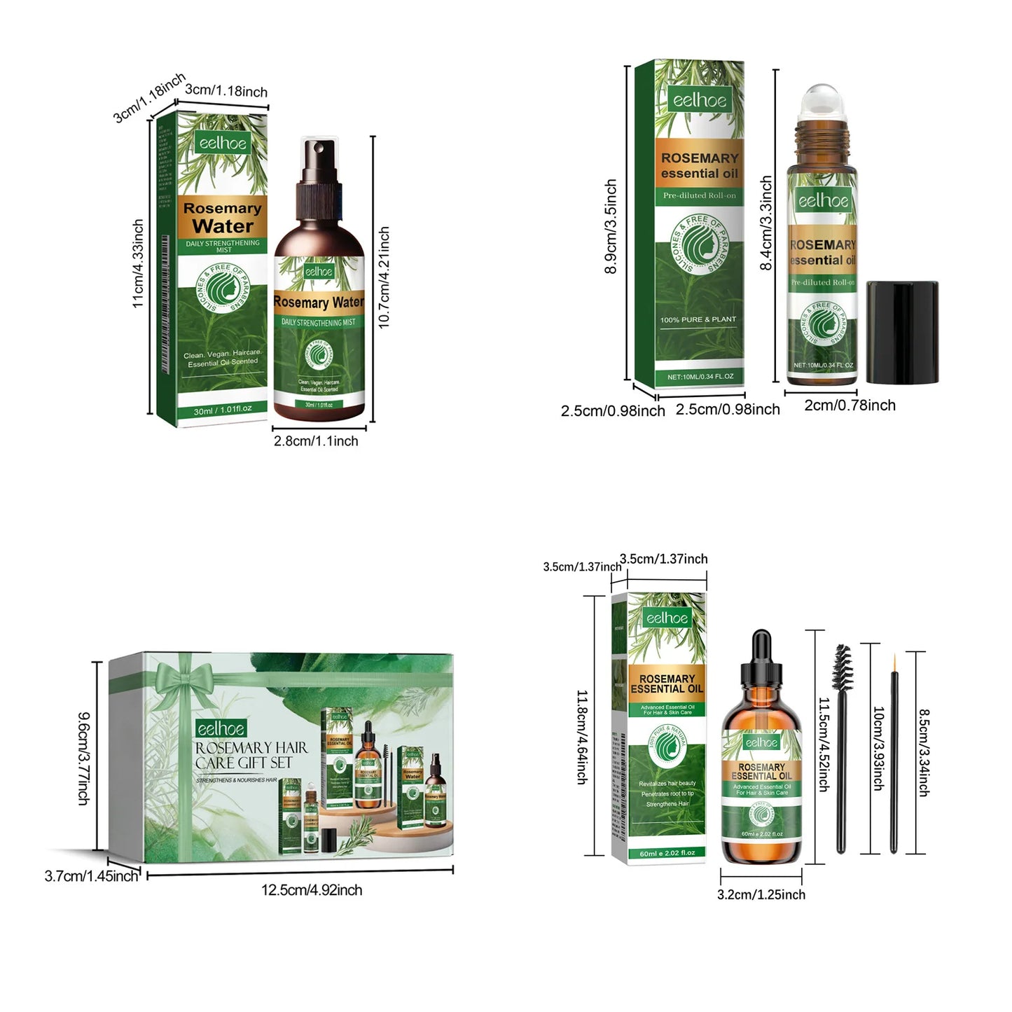 Eelhoe 1set Rosemary Hair Care Gift Set Hair Growth Oil Spray Roller Ball Nourish Scalp Strengthen Repair Split Ends Frizz Set
