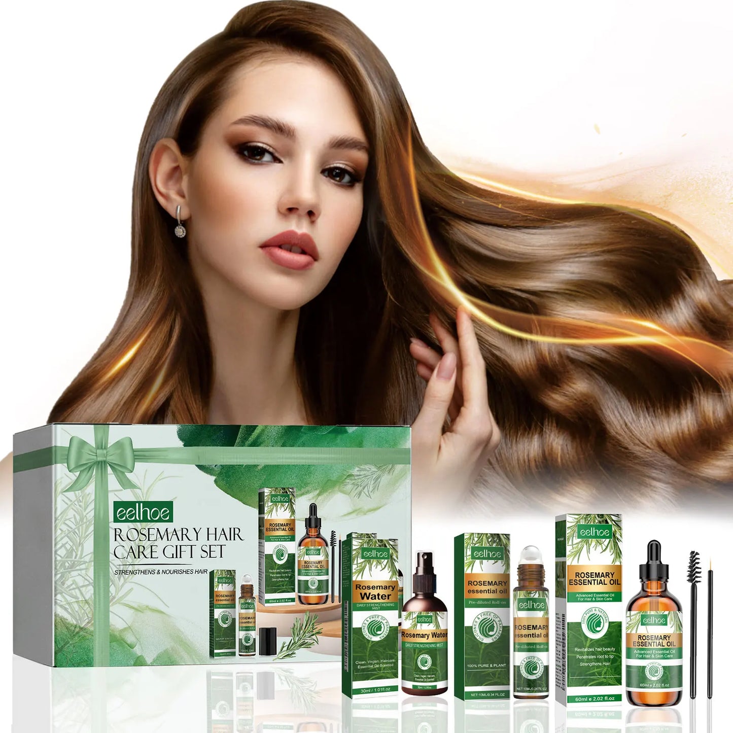 Eelhoe 1set Rosemary Hair Care Gift Set Hair Growth Oil Spray Roller Ball Nourish Scalp Strengthen Repair Split Ends Frizz Set
