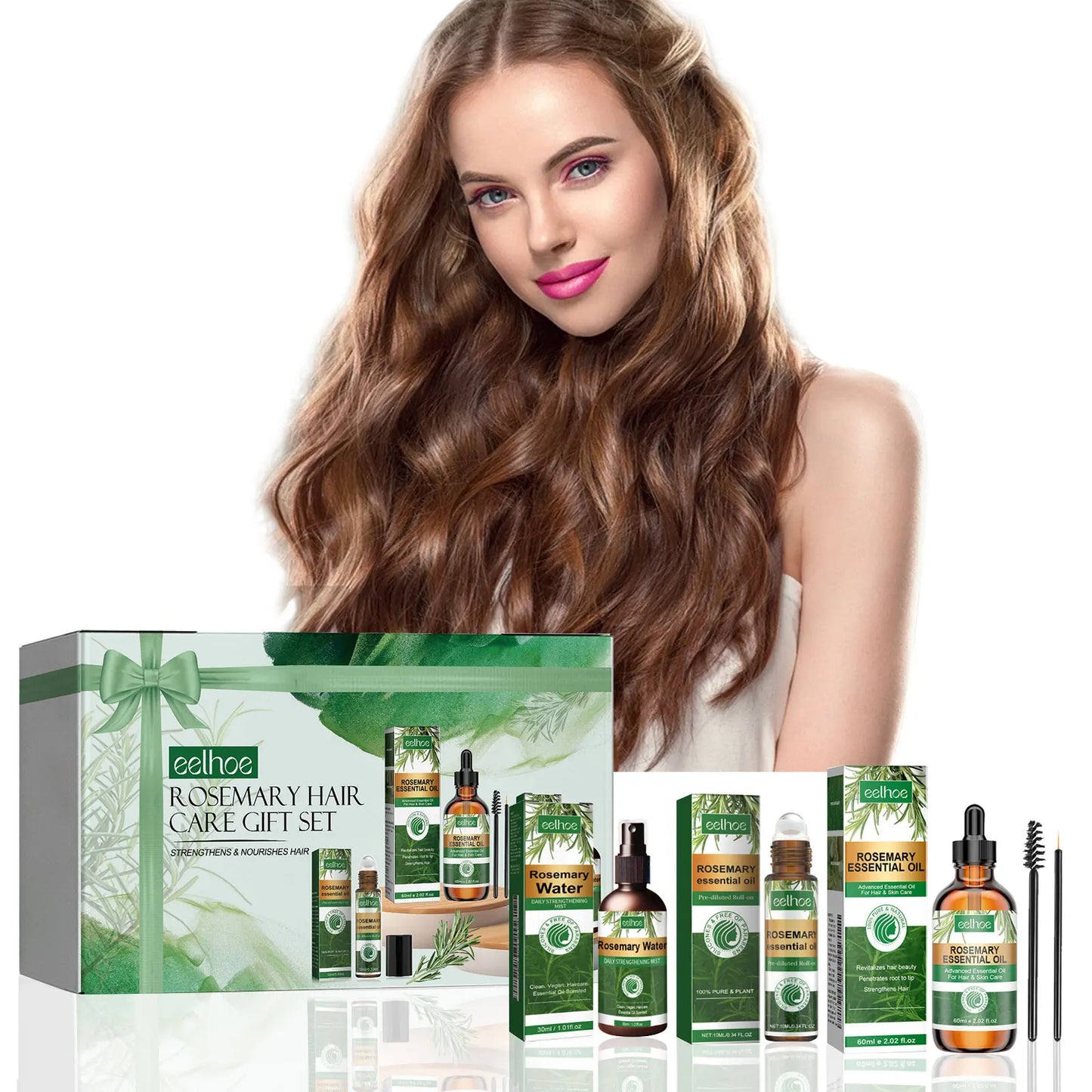 Eelhoe 1set Rosemary Hair Care Gift Set Hair Growth Oil Spray Roller Ball Nourish Scalp Strengthen Repair Split Ends Frizz Set