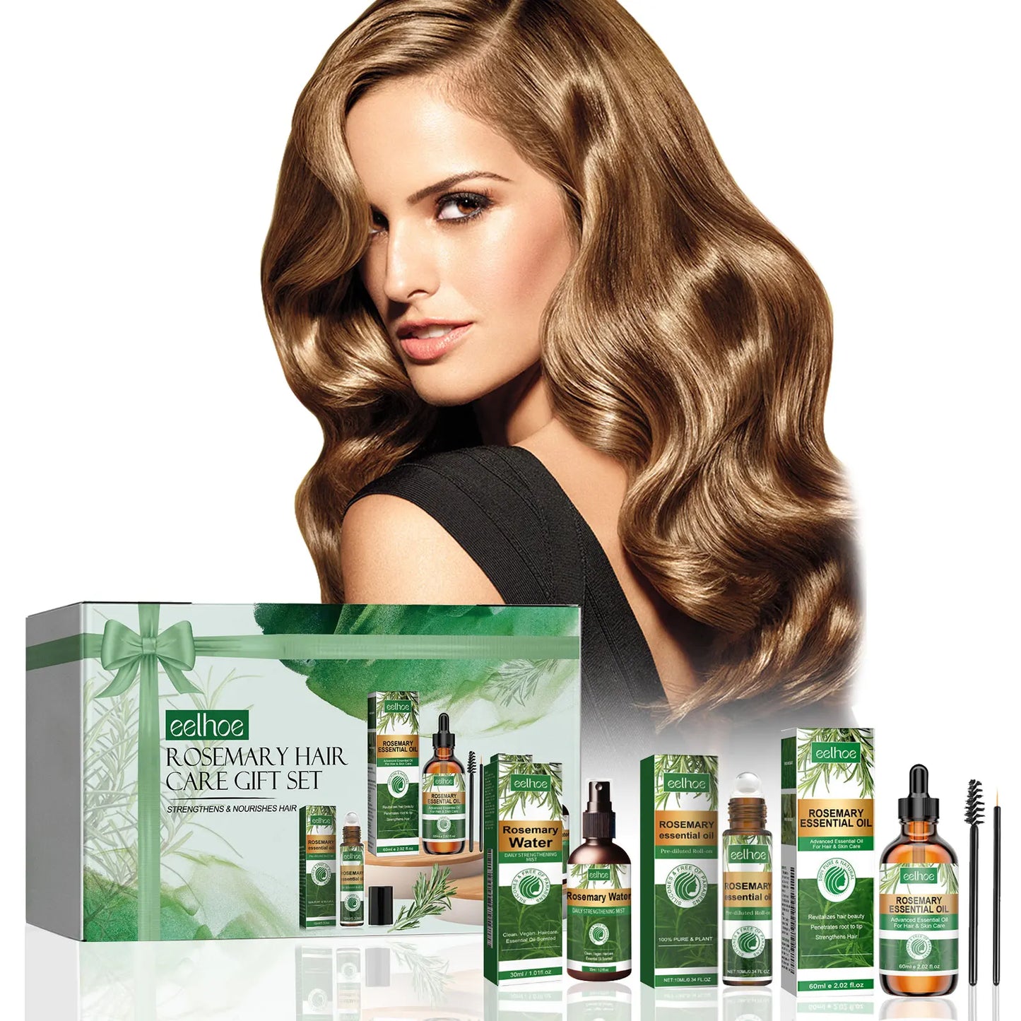 Eelhoe 1set Rosemary Hair Care Gift Set Hair Growth Oil Spray Roller Ball Nourish Scalp Strengthen Repair Split Ends Frizz Set